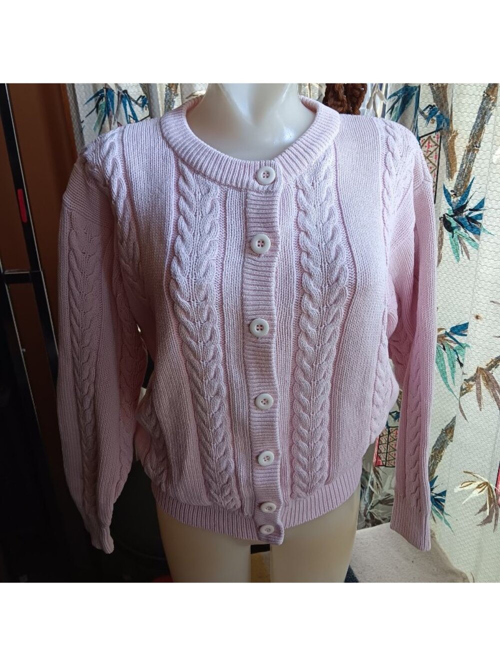 Vintage 80s Small Le Moda Knitwear Pink Cable Knit Button-Up Cardigan Women’s S